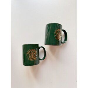Lot of 2 Vintage STARBUCKS Dark Green Ceramic Gold Logo Trim Coffee Mugs